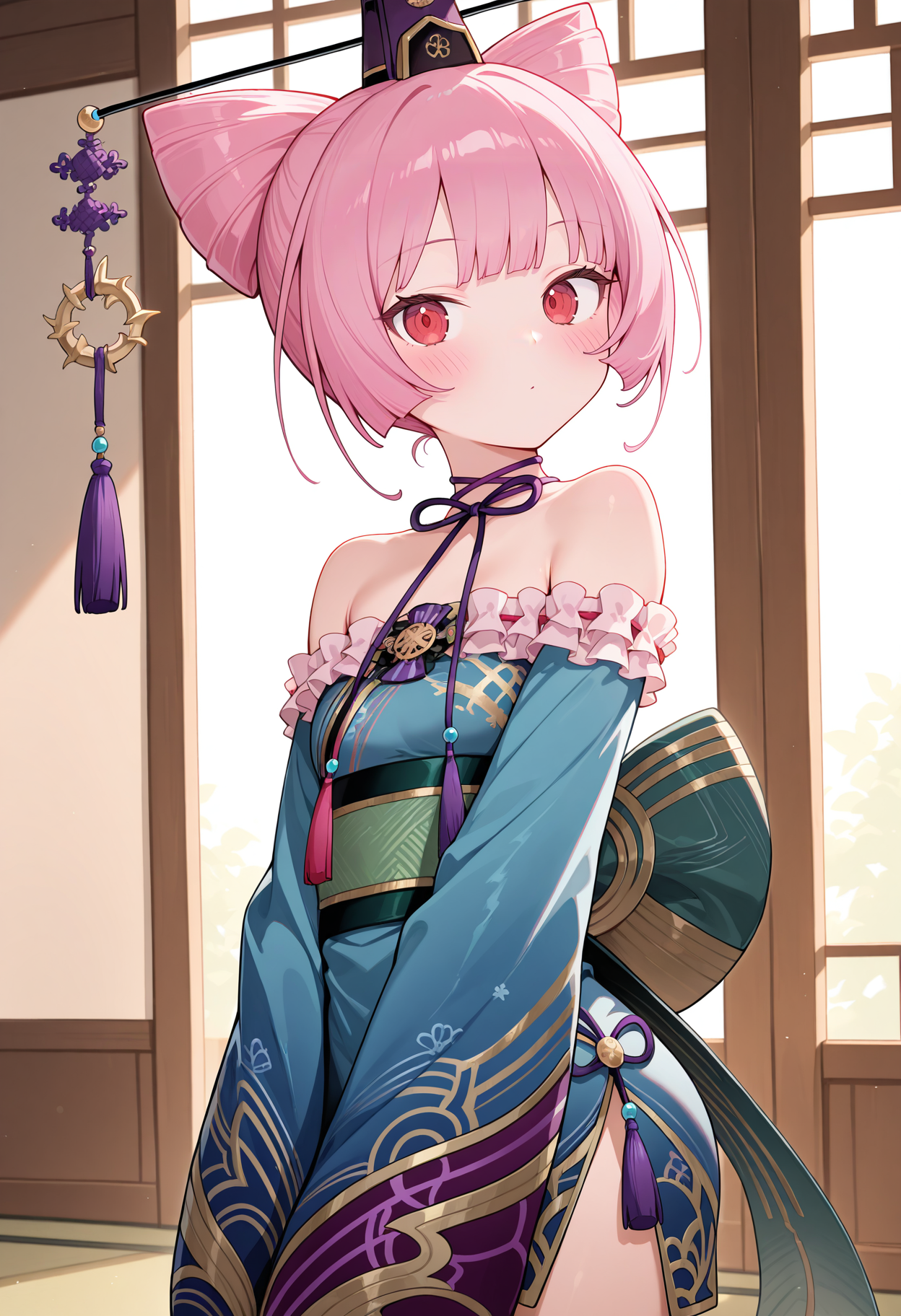 highres, best quality, masterpiece, indoors,
1girl, solo, ascrnria, pink hair, cone hair bun, red eyes,
crnrdef, hat, blue kimono, tassel, purple stripes, brooch, neck ribbon, bare shoulders, strapless, frills, green sash, obi, sleeves past wrists,
looking at viewer, blush, expressionless, dot mouth, 
v arms, from side,
<lora:_corneria_atelier-elesico-il10-000014:1>