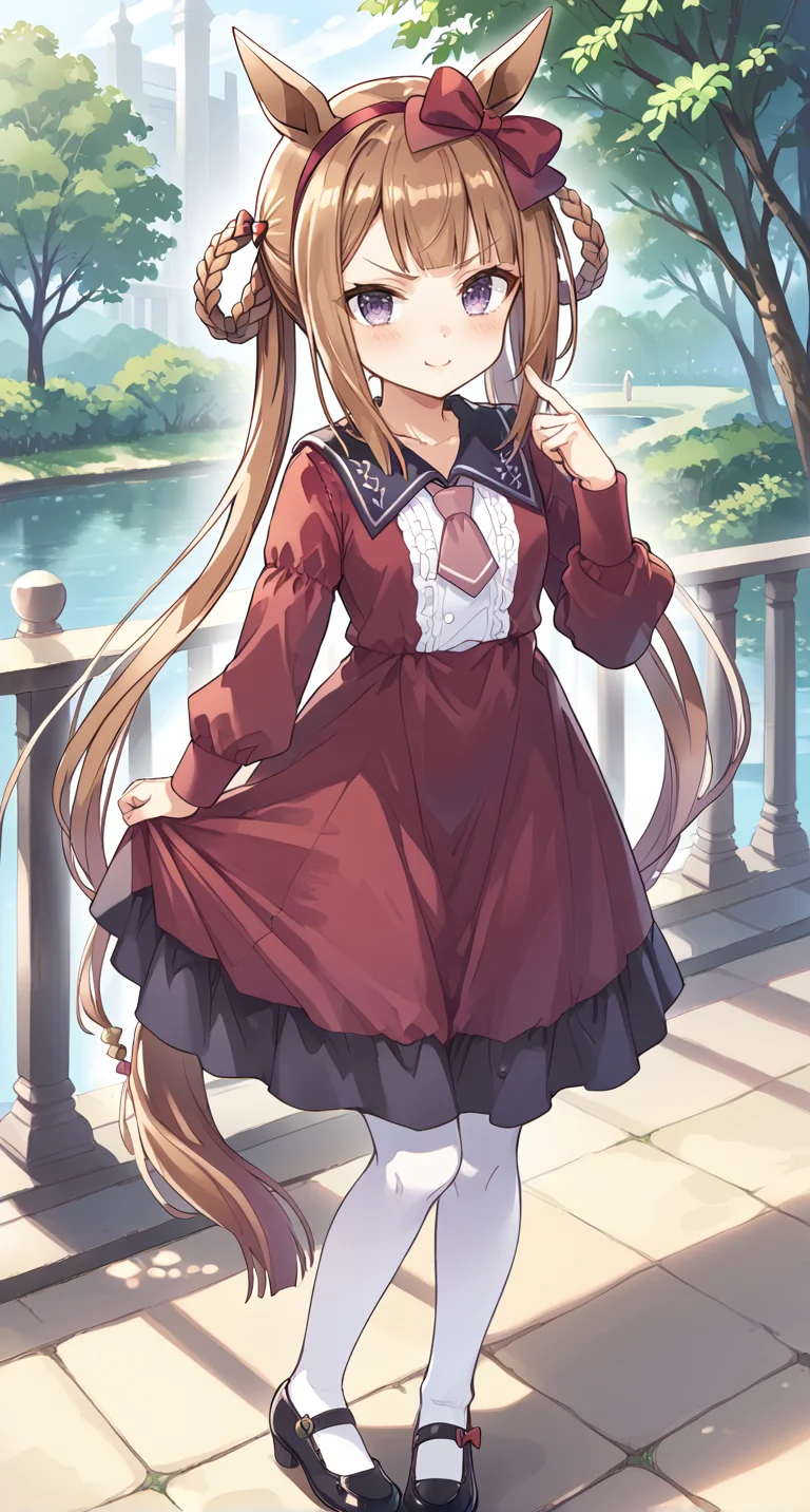 score_9,score_8_up,score_7_up,
official art,official style,game cg,megami magazine,
1girl,
swt casual,sweep tosho (umamusume),
animal ears,bangs,black footwear,bow,braid,brown hair,
collared dress,dress,ear bow,frilled dress,frills,hair rings,
highres,horse ears,horse girl,horse tail,juliet sleeves,long hair,
long sleeves,necktie,pantyhose,pink necktie,puffy sleeves,red bow,
red dress,shoes,tail,twin braids,twintails,v-shaped eyebrows,
very long hair,violet eyes,white legwear,blunt bangs,bow hairband,
hairband,puffy long sleeves,short necktie,alternate costume,blush,
casual,hair ornament,purple eyes,long dress,mary janes,
sailor collar,socks,white socks,eyebrows visible through hair,
hair ribbon,ribbon,hair bow,shirt,official alternate costume,
standing,
<lora:umamusume_sweep_tosho_pony_v1:1>,