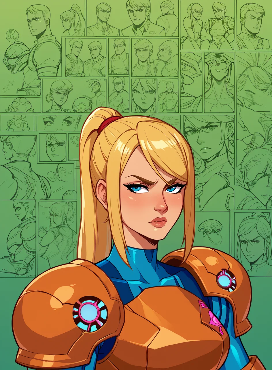 score_9, score_8_up, score_7_up, bullypxl, comic wallpaper, <lora:bullypxl:0.7>, green background, samus aran, orange armor, metroid,
