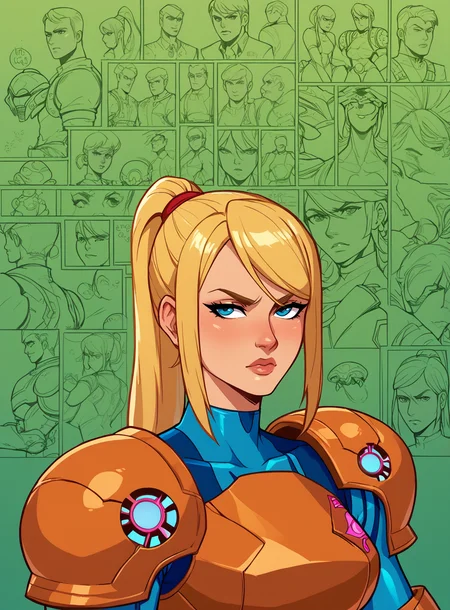 score_9, score_8_up, score_7_up, bullypxl, comic wallpaper, <lora:bullypxl:0.7>, green background, samus aran, orange armor, metroid,