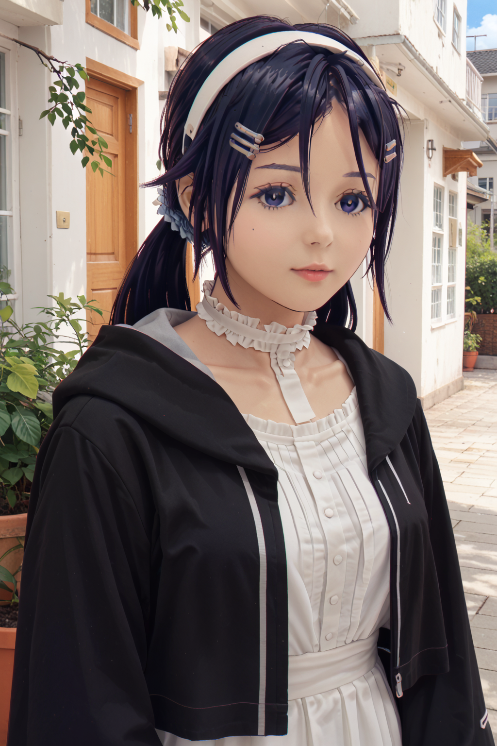 breasts,digital illustration, charact portrait, source_anime,anime coloring,1girl, <lora:mita.pony:1>mita  <lora:SousouNoFrieren_FernXL:0.8>,bright pupils, Casual, white dress, black robe, open clothes, hood, frilled collar, Score_9, Score_8_up, Score_7_up, Score_6_up, Score_5_up, Score_4_up, BREAK, in full growth, best quality, masterpiece, ultra-detailed, high quality,good quality(master piece,high resolution, ultra detailed,8K,16K),look at viewer