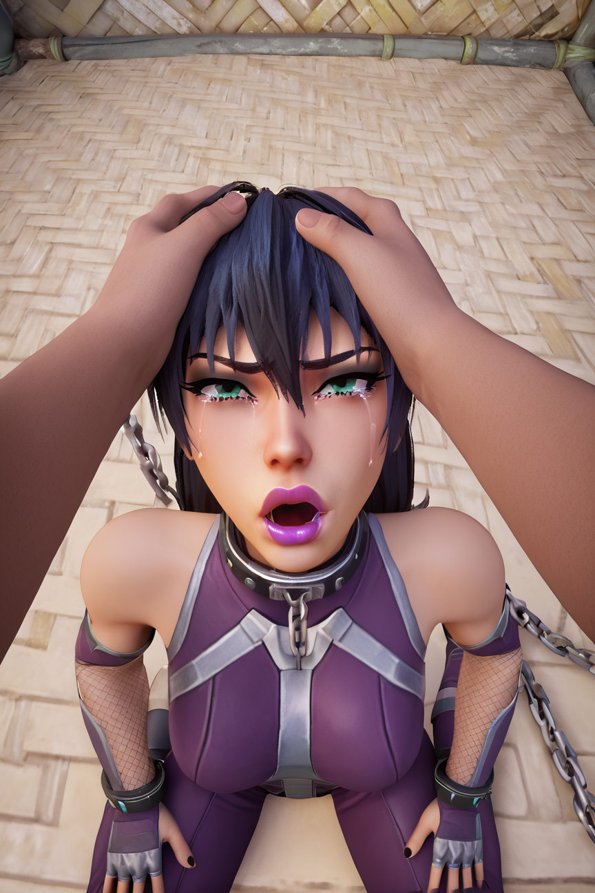 score_9, score_8_up, score_7_up, source_3d, 3d style, unreal engine 5, <lora:3DWLV2:0.8>,  IgawaAsagi, 1girl, long hair, hair between eyes, collar with chain on neck,black hair, purple lipstick, blue hair, green eyes, thick lips, perky lips, purple bodysuit, (ripped clothes), bare shoulders, elbow gloves, fishnets, high heel boots, wide-eyed, disgust, (tears), hairy armpits, (censored pussy) hairy pussy, <lora:IgawaAsagiXL:1>, chains, sitting, veiny penis, deepthroat, pov, lipstick mark on penis, man hands on girl head, head grab, vacuum deepthroat, <lora:vacuum fellatio1.1ãvacuum fellatioã:1>,background dungeon,masterpiece, 4k, best quality