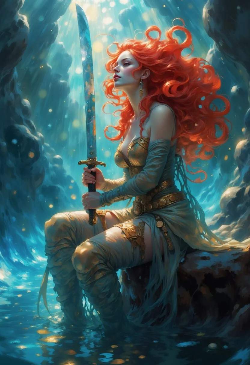 A striking female siren character sitting on the rock on her fish tail, under the water, looking up towards the surface. She has glowing red eyes, long flowing crimson hair illuminated with fiery light. She wields a glowing katana, emitting an icy blue light, with a confident and powerful stance. The atmosphere is misty and rain-soaked, with vibrant reflections of the sun leaking throughthe water signs lights in the background, adding an edgy and atmospheric vibe. Her face is softly lit by the sunlight