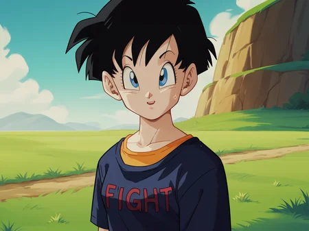 Videl, 1girl, short hair, dark blue shirt, long sleeved orange shirt, black hair, clothes writing, white sweatpants, <lora:Videl-prodigy-7-000004:0.8>, score_9, score_8, score_8, solo, portrait, looking at viewer, outdoors, grass