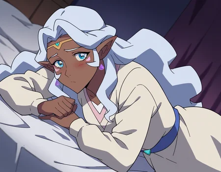 score_9, score_8_up, score_7_up, source_anime,
princessallura, <lora:princess-allura-anime-ponyxl-lora-nochekaiser:1>,
allura, blue eyes, white hair, pointy ears, dark skin, dark-skinned female, facial mark, elf, dark elf,
long hair, wavy hair, cardigan, long sleeves, dress, white dress,
indoors, bed, bed room, on side, blush, drunk,
looking at viewer, cowboy shot, solo, dutch angle,