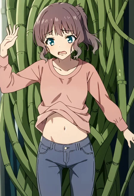 score_9, score_8_up, score_7_up, akari sakishima, short hair, blue eyes, ponytail, jeans, collarbone, long sleeves, nervous, open mouth, solo, cable, navel, shiny skin, arm reaching, shirt lifting up, sfw