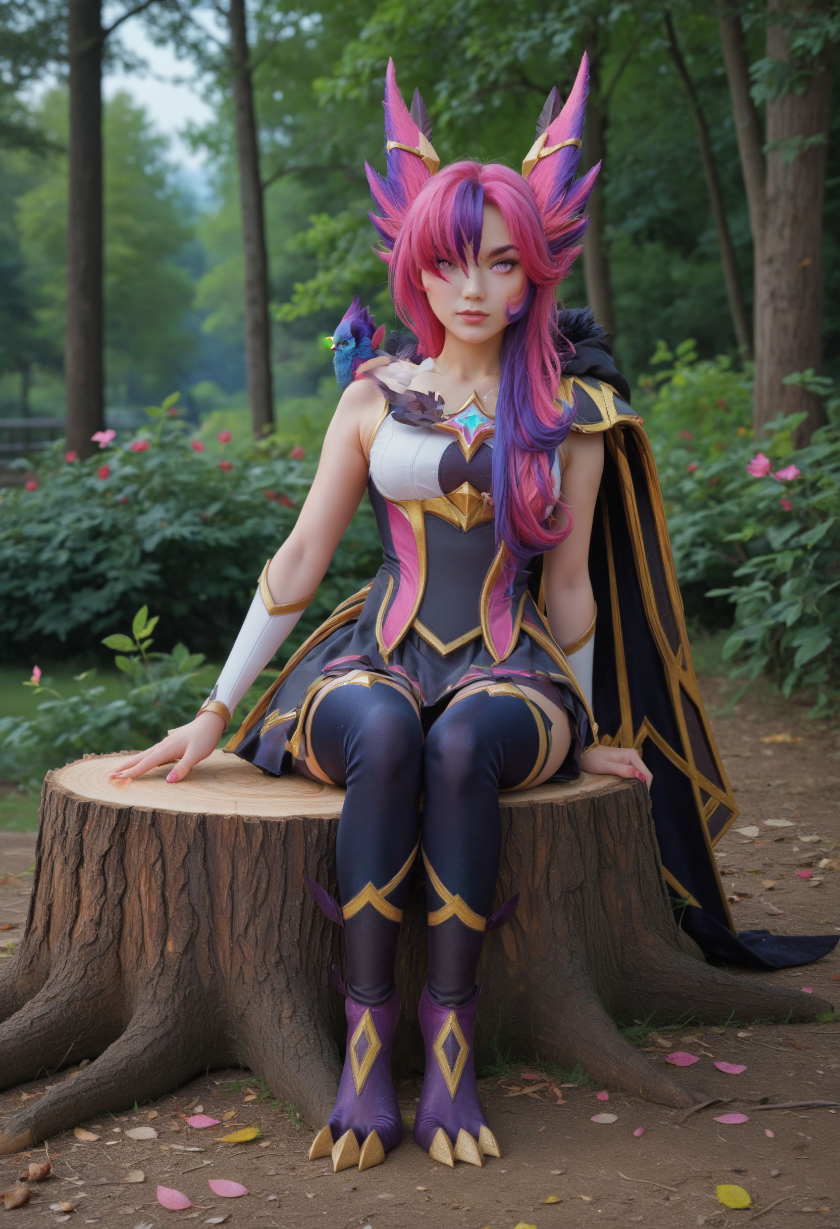 score_9, score_8_up, score_7_up, (masterpiece, best quality), 1girl,
star guardian xayah, bird feet,
purple eyes, animal ears, two-tone hair, pink and purple hair, low ponytail, hair over one eye, asymmetrical bangs,  hair ornament, 
armlet, elbow gloves, blue thighhighs,
skirt, dress, gem, facial mark,
(cape, fur trim),
outdoors, night, cherry blossom forest, leaves, (sitting on stump:1.3)