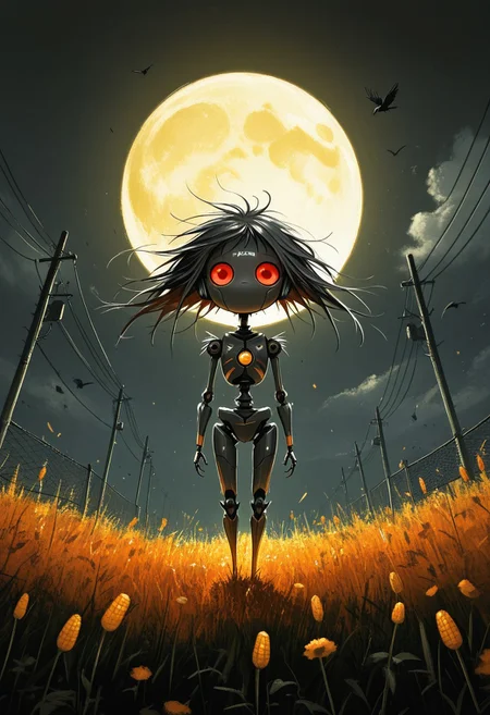 Dark whimstical A  a humanoid robot with glowing eyes, standing in a field of corn with a large, glowing yellow moon in the background. The robot has a slender, metallic body and is holding two birds in its arms. The sky is a vibrant mix of orange and yellow hues, with a few clouds scattered across it. The image has a dark, moody atmosphere. The style is reminiscent of sci-fi and fantasy art..    
,photorealistic,masterpiece, best quality, amazing quality, very aesthetic, perfect eyes, 24yo, ( dramatic lighting) ,
,1girl, solo, looking_at_viewer, red_eyes, outdoors, sky, night, bird, glowing, moon, robot, glowing_eyes, full_moon, backlighting, fence, silhouette, dark, string, power_lines, utility_pole, crow, horror_\(theme\), wire, huge_moon