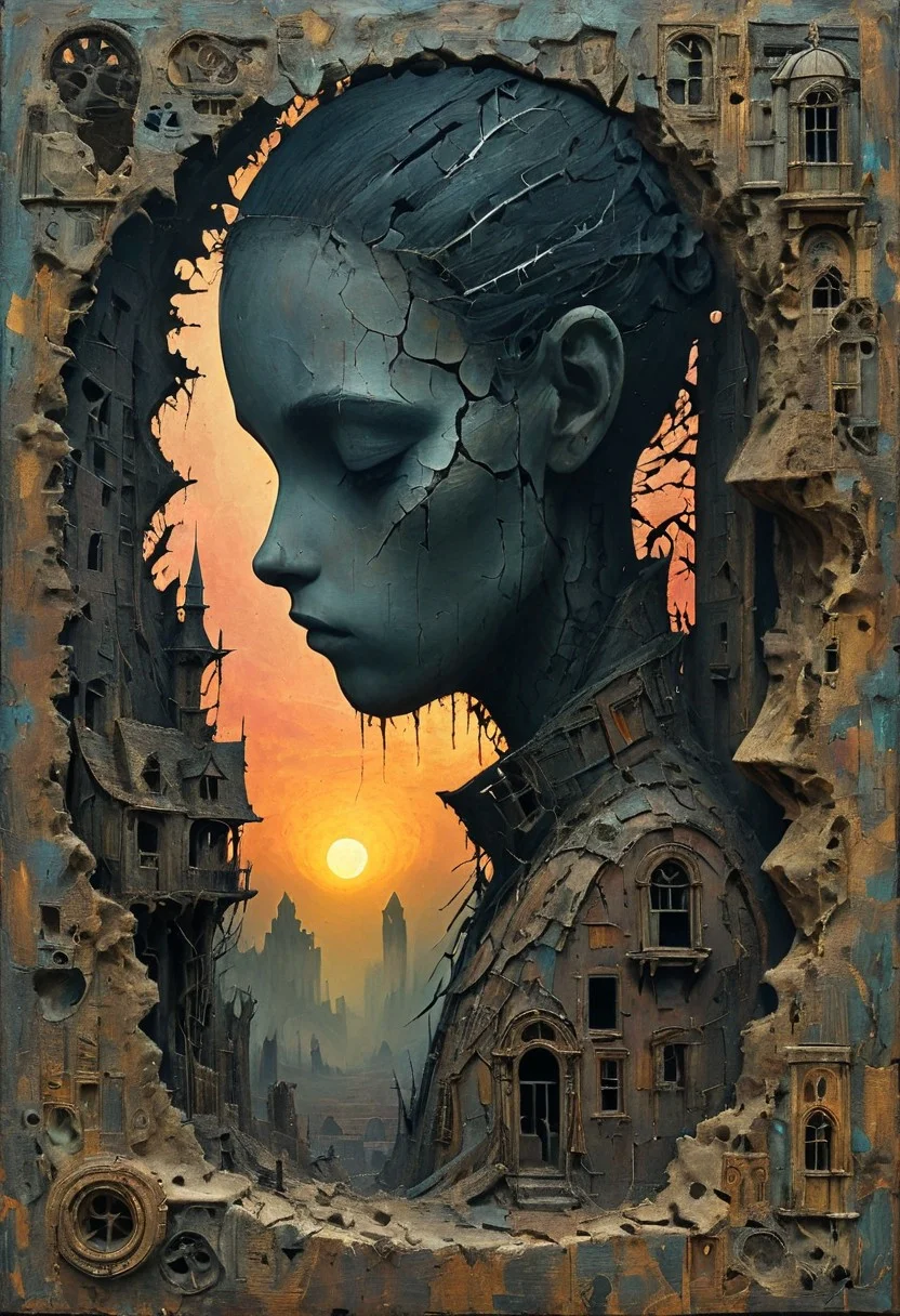 Captivating double exposure image, blending together a post apocalyptic ruined city and the profile of an person face, The ruined city should serve as the underlying backdrop, with its details subtly incorporated into the contours of the person's silhouette,
The background should reflect a dreamy sunset, double exposure, mythological, best quality, gloomy, Van Gogh, Craola, Dan Mumford, Andy Kehoe, Miyazaki, patchwork, 2d, flat, cute, adorable, vintage, art on a cracked paper, storybook detailed illustration, cinematic, ultra highly detailed, tiny details, beautiful details, mystical, luminism, complex background, trending on artstation, sharp focus, studio photo, intricate details, highly detailed, by greg rutkowski, trending on artstation, sharp focus, studio photo, intricate details, highly detailed, by greg rutkowski,
use colors like dark olive and olive and purple