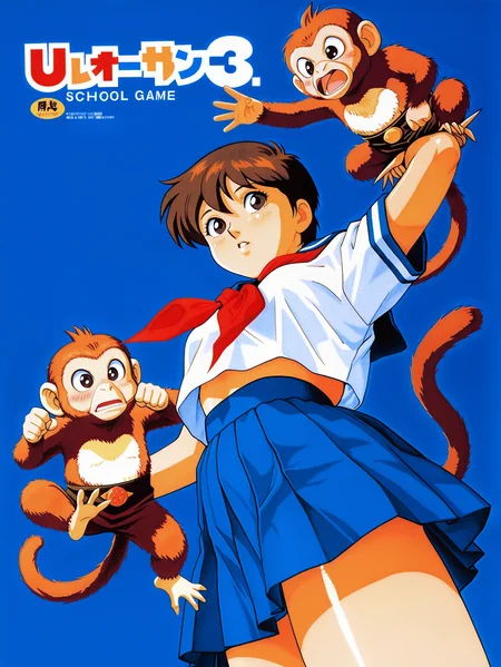 <lora:RetroGameArt:1> retro game art, traditional media, detailed texture, marker (medium), video game cover, text, logo
masterpiece, best quality, ultra detailed, ultra high res,
from below, skirt, short hair, short sleeves, pleated skirt, blush, neckerchief, school uniform, black eyes, midriff peek blue skirt, red neckerchief, parted lips, midriff, serafuku, monkeys, blue background, miniskirt, animal, holding animals, 1990s (style), open mouth, arm up, brown eyes, shirt, tail, sailor collar,