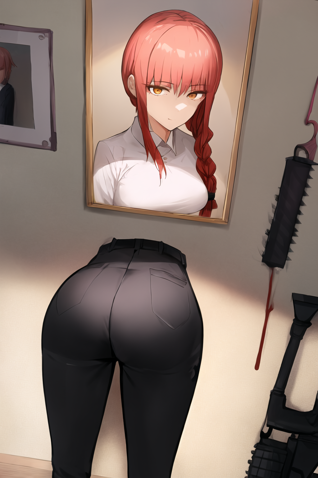 masterpiece, best quality, ultra-detailed, glory wall, photo_(object), 1girl, ass, ass focus, head out of frame, makima \(chainsaw man\), red hair, long braided hair, golden eyes, bangs, medium breasts, white shirt,  black pants
