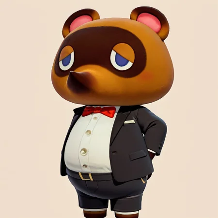 score_9, score_8_up, score_7_up, score_6_up, score_5_up, solo, best quality, 1boy, Tom Nook, Tanuki, Animal Crossing, furry, Brown fur, eyelashes, animal ears, tuxedo, shorts