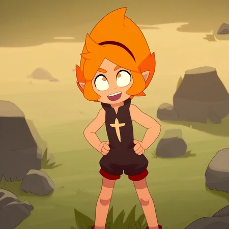 score_9, solo, elely_wu, orange hair, short hair, hairband, pointy ears, sleeveless, shorts, shirt symbol, hands on hips, open smile, rocks, grass, natural lighting