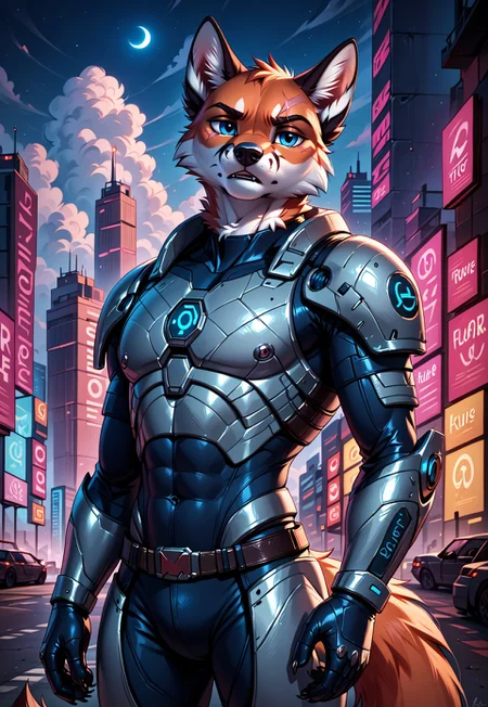 score_9, score_8_up, score_7_up, score_6_up, photorealistic, epiCPhotoGasm-colorfulPhoto, Realistic, highres, super high resolution, 8k, photo, furry, Furry, anthro, fur, fox, futuristic armor, in a dark futuristic style.The Last Ronin. He appears as a battle-hardened warrior, with scars and a tired but determined look. He wears heavy, battered armor, and crossed katanas behind his back. Thick smoke swirls around it, creating an atmosphere of mystery and tension. In the distance, a neon city can be seen on the horizon, illuminating the dark night and adding a futuristic contrast to its image, realistic, detailed, detailed fur,