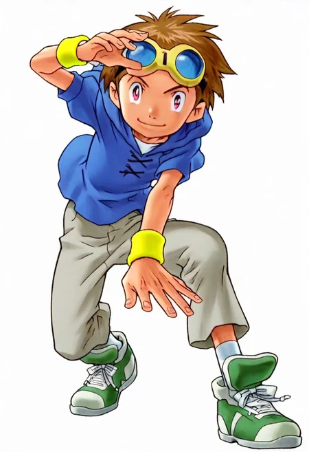 NishimuraXL,,, white background,,, TakatoM, 1boy, solo, brown hair, red eyes, goggles on head, blue hoodie, yellow wristband, grey pants, white socks, green shoes with white accents, detailed face, detailed eyes, smile, solo, standing, dynamic pose, score_9, score_8_up, score_7_up, detailed, intricate details, highres, absurdres