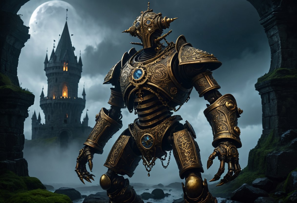 giant bipedal robot brass and blue
 striped paint, bronze paisley robot. lacy robot metal. eye helmet torso head. outside of a steampunk keep. large detailed torso. dark image. one forty foot tall ancient robot with great arms and two heavy spring legs. dark foggy night background. $dark foggy night image only. dark photo realistic image. steampunk details. cogs, chains and pipes incorporated in the fantasy buildings. magic wizards tower in background. Dark swamp, moss, castle ruins, wizards tower. stormy dark night. stormy sky. rain. no head.