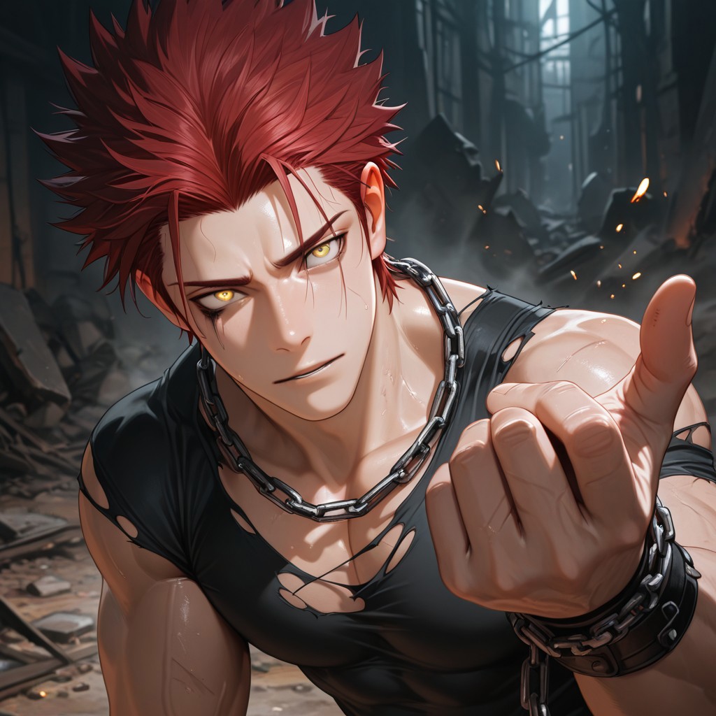 masterpiece, best quality, amazing quality, absurdres, newest, detailed background, definition so sharp, Ultra-HD, 8K cinematic, very awa, impressionate, amazing quality, highres, 
solo, male focus, manly, 
1boy, spiked hair, short hair, mikoto_red hair, mikoto_yellow eyes, mikotosuoh, half body, reaching out, inviting gesture, beckoning, torn clothes, showing skin, muscular, chains \(props\), broken, confined, smoldering eyes, challenging, defiant, captivating
