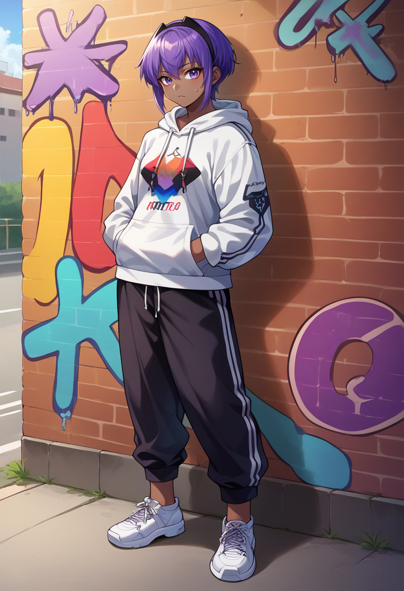 score_9, score_8_up, source_anime, HassanOfSerenity, dark-skinned female, purple hair, purple eyes, short hair, black hairband, urban and street style, graffiti-inspired colors, cool and edgy attire, sweatpants, hoodie, stylish sneakers, fashionable accessories, hip hop jewelry, confident expression, graffiti walls, energetic and vibrant atmosphere, <lora:ChamHassanOfSerenityPonyXL:1>