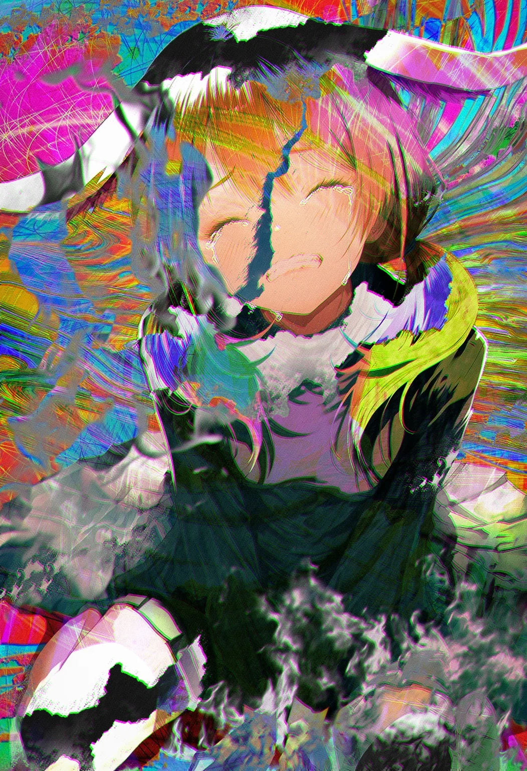 masterpiece, best quality, highres, absurdres, very awa, very aesthetic,
from above, dutch angle,  perspective, outdoors, abstract background, multicolored background, red background, 
cat girl, 1girl, solo, blush, clenched teeth, closed eyes, turtleneck,  long sleeves, wide sleeves,  orange hair, pleated skirt, wariza, crying, tears, teeth,  round teeth, low twintails, 
(by 
yae \(mono110\) 
:1.2), <lora:add_outline_XL:-2.0>
