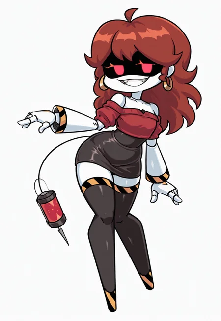 score_9, score_8_up, score_7_up, score_6_up, high quality, absurdres, masterpiece, 4K,
BREAK,
GirlfriendFNF, SD-V, robot girl, humanoid robot, robot joints, 1girl, solo, full body, white skin, four fingers, 4 fingers, yellow details, (earless:1.3), long thick auburn hair, Two short locks of hair, round head, (red eyes:1.3), glowing eyes, virtual led eyes, smile, teeth, fangs, tail, tail syringe, no feet, flat chest, cropped red sweater with open shoulders, black skirt, black stockings, gold hoop earrings, (looking at viewer, flirty pose)