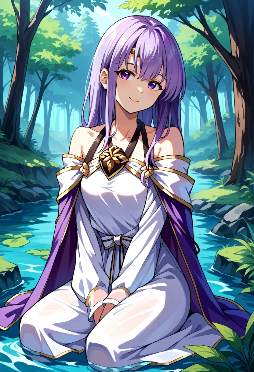 score_9, score_8_up, score_7_up, source_anime, BREAK, solo, 1girl, looking at viewer, smile, <lora:Julia-pdxl_Fp-000007:1>, juliafe4, purple hair, purple eyes, circlet, white dress, bare shoulders, purple cape, ribbon, brooch, outdoors, white sleeves, kneeling, water, forest,