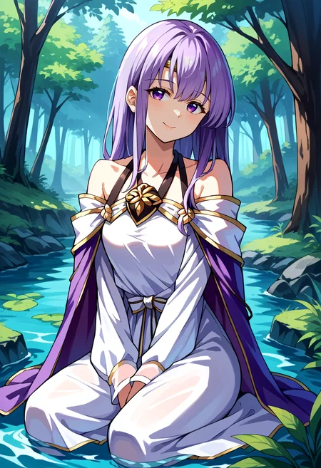 score_9, score_8_up, score_7_up, source_anime, BREAK, solo, 1girl, looking at viewer, smile, <lora:Julia-pdxl_Fp-000007:1>, juliafe4, purple hair, purple eyes, circlet, white dress, bare shoulders, purple cape, ribbon, brooch, outdoors, white sleeves, kneeling, water, forest,