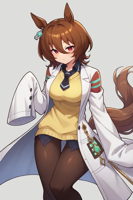 score_9, score_8_up, score_7_up, BREAK, <lora:manyakis-guy-PONYv1:1>, 1girl, solo, breasts,  <lora:umamusume_agnestachyon_ponyXL:0.95> agnes tachyon, horse ears, horse tail, labcoat, sleeves past fingers, yellow sweater, black necktie, pantyhose, single earring