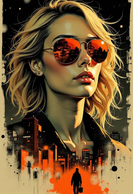 Inkplash art on rice paper, sepia, henna , Silhouette Art, magnificent, inksplash double exposure, crisp lines, Japanese cityscape below closeup portrait of stunning japanese woman, blonde loose hair, mirrorred aviator sunglasses, directional lighting, dark background