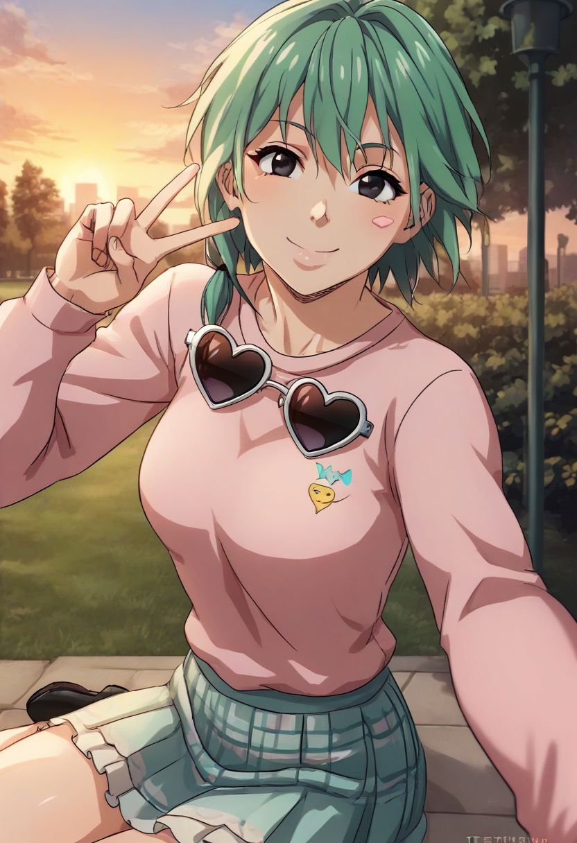 score_9, score_8_up, score_7_up, detailed, source_anime, official artstyle, by Ichan01, IgnitionCrisis, 1girl, solo, mint green hair, (medium hair), (bob hairstyle), (bangs:1.0), beautiful, black eyes, sitting, posing, taking a selfie, heart shaped sunglasses, v, emoji print skirt, pink blouse, long sleeves, outdoors, park, sunset, detailed face, smile, (((textless, no watermark:1.5))), (clean image:1.2)