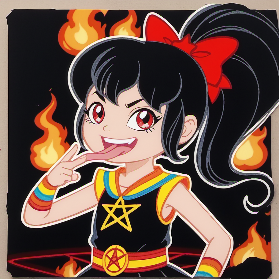 score_9, solo, 1girl, rb2014, black rainbow motif, red eyes, black  hair, ponytail, pentagram hairbow, smirk, open mouth, sign of the horns, long tongue out, looking at viewer, upper body, pentagram star (symbol), detailed face, black dress, child, traditional media, official screencap, retro artstyle, burning background, <lora:rb2014:1>,