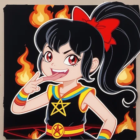 score_9, solo, 1girl, rb2014, black rainbow motif, red eyes, black  hair, ponytail, pentagram hairbow, smirk, open mouth, sign of the horns, long tongue out, looking at viewer, upper body, pentagram star (symbol), detailed face, black dress, child, traditional media, official screencap, retro artstyle, burning background, <lora:rb2014:1>,