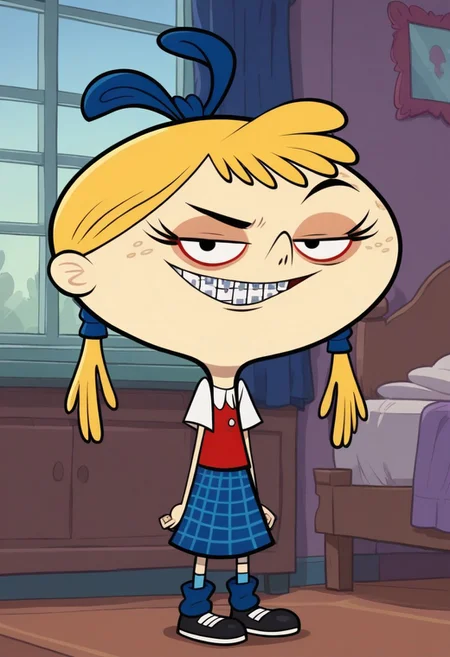 score_8, score_8_up, score_7_up, 1girl, female focus, Solo, Amanda_BiaB, pale skin tone, black eyes, blonde hair, two little pigtails with blue bands, freckles, three long eyelashes, brakes, dark blue bow on head, white T-shirt, sleeveless red vest, plaided blue skirt, light blue socks, black shoes, full body, smug face, standing, indoors, bed, bedroom, nightstand, lamp, window, looking at the viewer, big smile