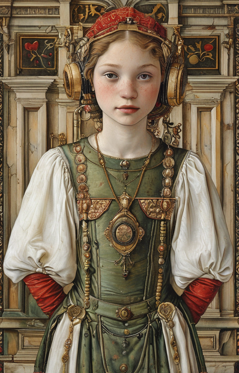 masterpiece,best quality,<lora:tbh167-sdxl:1>,illustration,style of Carlo Crivelli, tech genius teenage girl