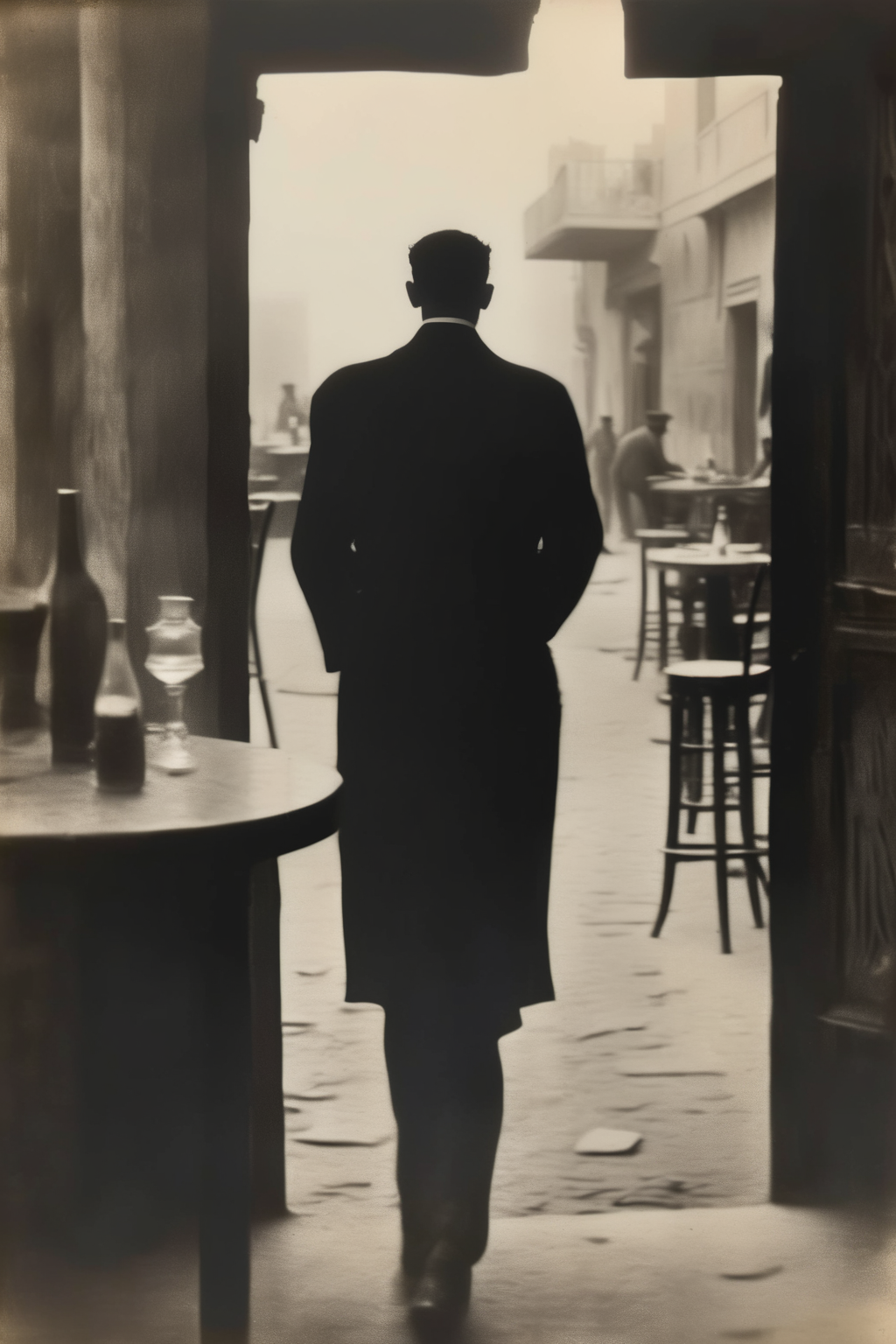 <lora:Ando Fuchs Style:1>Ando Fuchs Style - Generate an image of a man in his thirties, with a strong build, entering a bar named Victoria more frequently in 1924 Egypt. He is seen from behind.