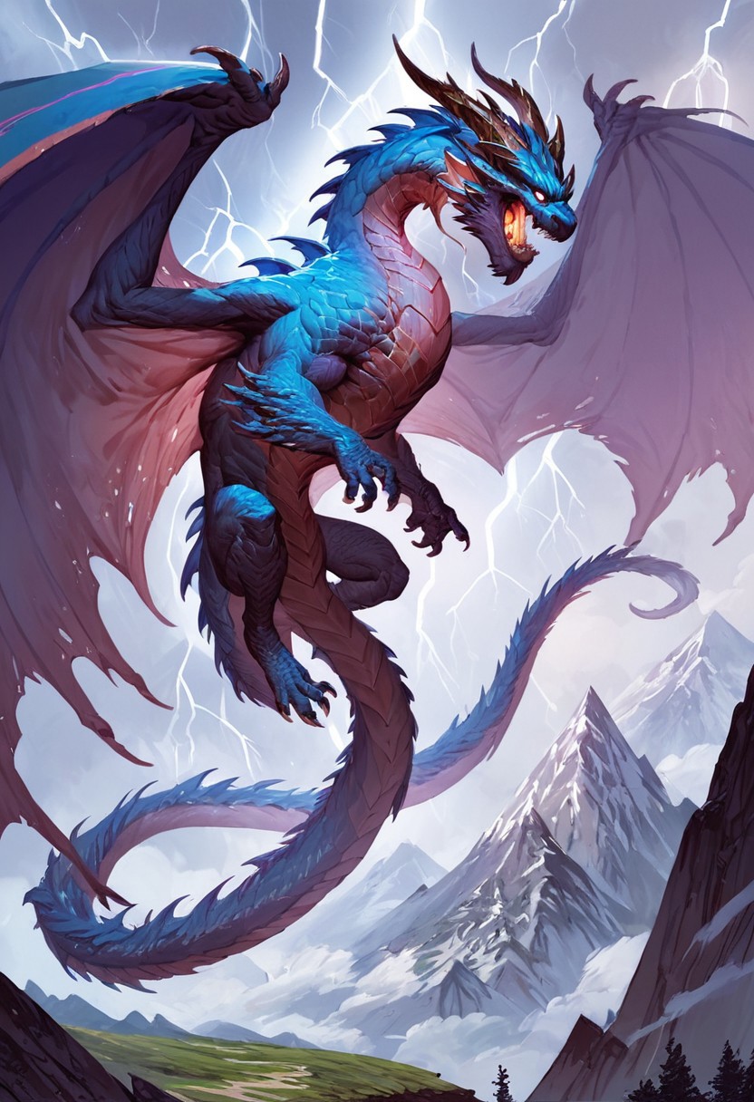 score_9, score_8_up, score_7_up, score_6_up, score_5_up, score_4_up, gigantic storm dragon, teeth, horns, long tail, wings, mountains, lightning aura,fantasy,solo focus,epic