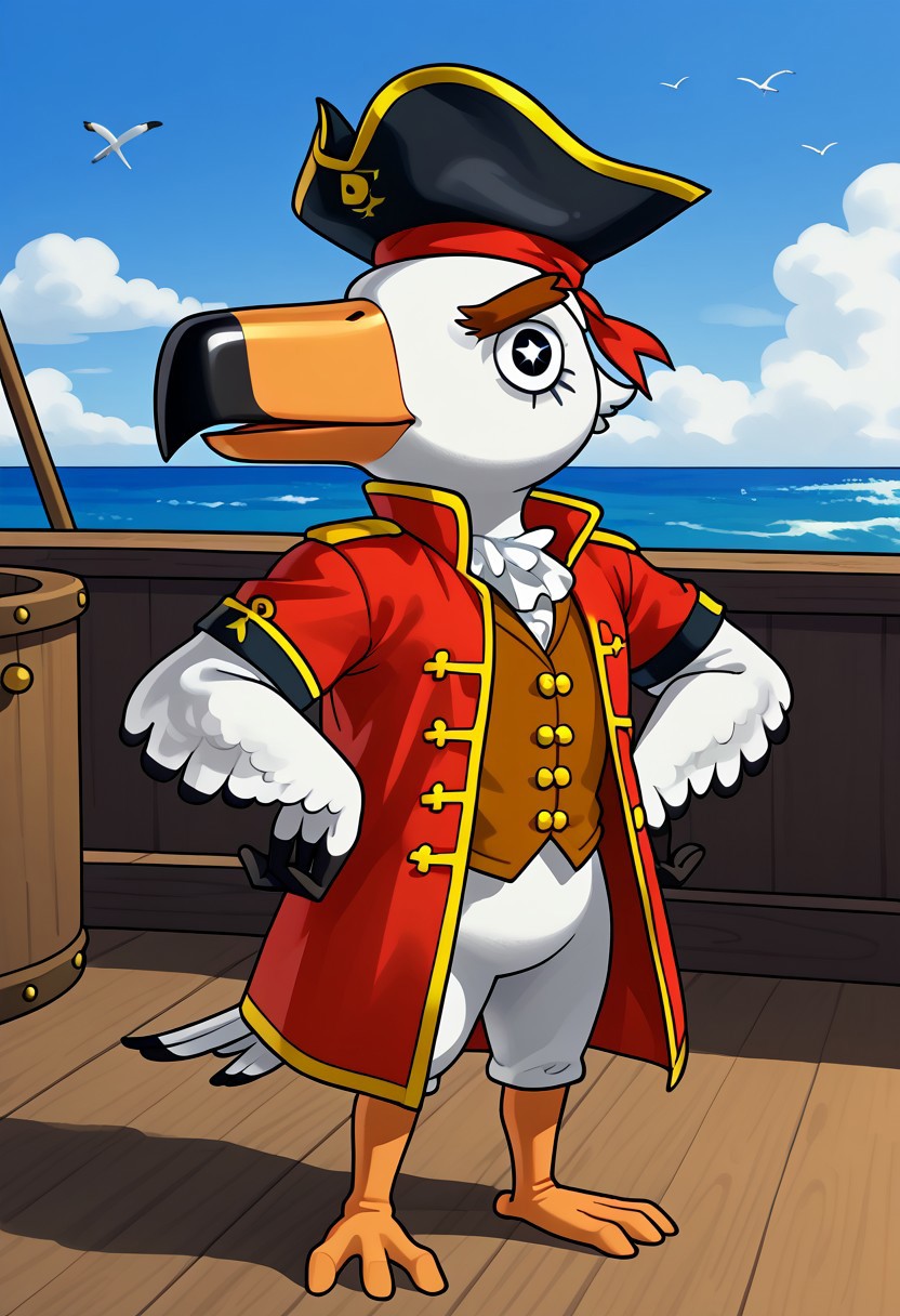 1boy, furry, solo, seagul, bird, white feathers, beak, orange beak, thick eyebrows, black eyes, star pupila, pirate hat, brown vest, red jacket, bottomless, flat feet, three toes, standing on a ship deck, ship deck background
