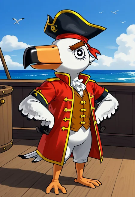 1boy, furry, solo, seagul, bird, white feathers, beak, orange beak, thick eyebrows, black eyes, star pupila, pirate hat, brown vest, red jacket, bottomless, flat feet, three toes, standing on a ship deck, ship deck background