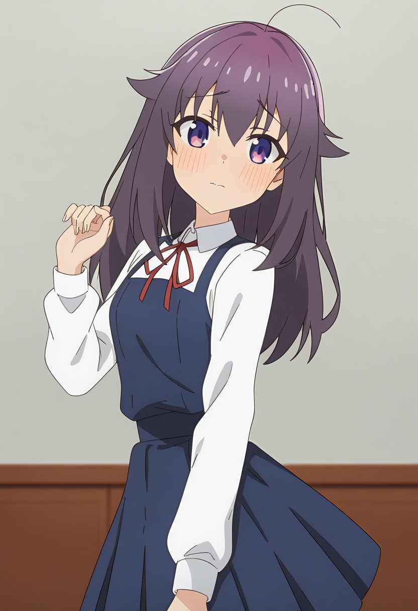 masterpiece, best quality, absurdres, very aesthetic, aesthetic, 1girl, ct_ank0, pinafore dress, collared shirt, red ribbon, long sleeves, looking at viewer, standing, shiny skin, indoors, hand up, blush, <lora:Anko_Koshi_XL_ct_ver2:0.9>