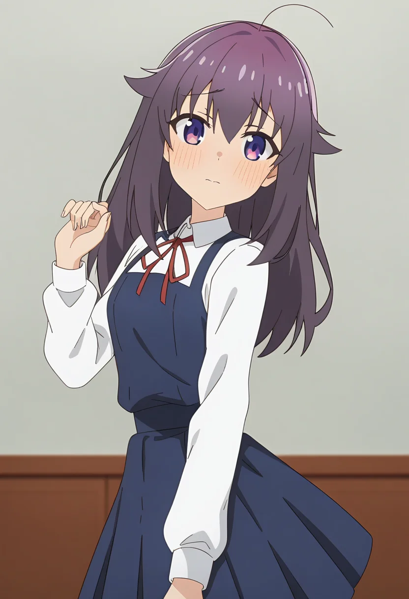 masterpiece, best quality, absurdres, very aesthetic, aesthetic, 1girl, ct_ank0, pinafore dress, collared shirt, red ribbon, long sleeves, looking at viewer, standing, shiny skin, indoors, hand up, blush, <lora:Anko_Koshi_XL_ct_ver2:0.9>