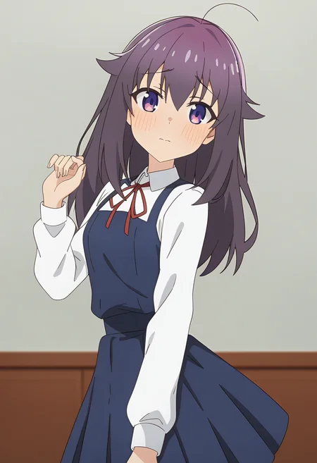 masterpiece, best quality, absurdres, very aesthetic, aesthetic, 1girl, ct_ank0, pinafore dress, collared shirt, red ribbon, long sleeves, looking at viewer, standing, shiny skin, indoors, hand up, blush, <lora:Anko_Koshi_XL_ct_ver2:0.9>