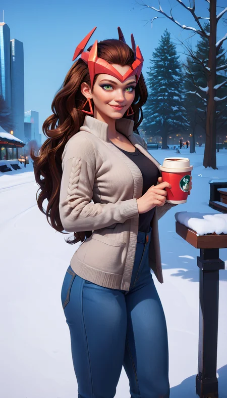 zPDXL3,<lora:LunarCAT_Style:.8>, <lora:WandaMR:.7>,
scrltwtchmr, woman, green eyes,makeup,brown hair,long hair, headpiece,earrings, grey cardigan, black shirt, jeans, looking at viewer, smiling, standing, outside, park, trees, snow, city, blue sky, holding coffee cup,