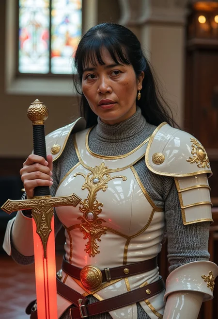 1girl, lyda, black hair, best quality, masterpiece, HDR photorealistic image, extremely detailed, great lighting, BREAK, Female oriental knight in full armor, hkstyle, white with gold embellishments, bangs, earrings, holding a legendary sword by the hilt, the sword glowing red, in a gothic cathedral, shafts of light from the windows, High Definition HD, High Detail, Perfect Composition, dark fantasy movie, cowboy shot,