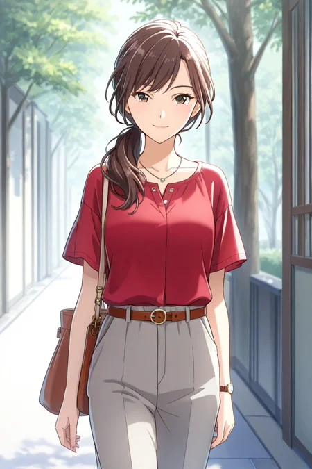 <lora:Add_more_details_pony:0.8> <lora:matsukaze_kanoko_illus_deaimon:1> matsukaze kanoko, 1girl, solo, long hair, looking at viewer, brown hair, shirt, jewelry, standing, cowboy shot, short sleeves, outdoors, day, belt, pants, necklace, bag, tree, red shirt, walking, watch, handbag, shoulder bag, wristwatch, grey pants, outfit 4, side low ponytail, seductive smile,