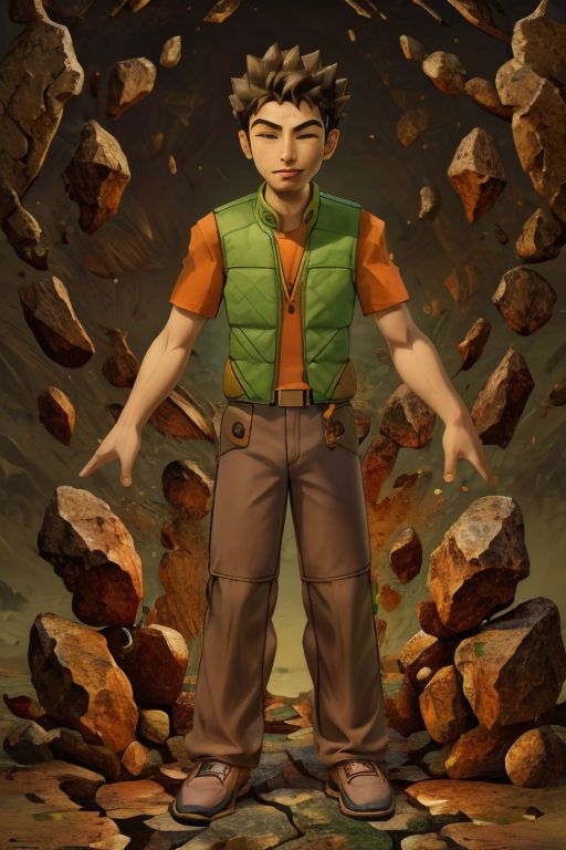 (masterpiece), hdr, 1boy, brkani,   <lora:add_detail:1> <lora:Brock:0.95>, abstract background of stones, black background,  dim light, brown pants, orange shirt, short sleeves, green vest, open vest