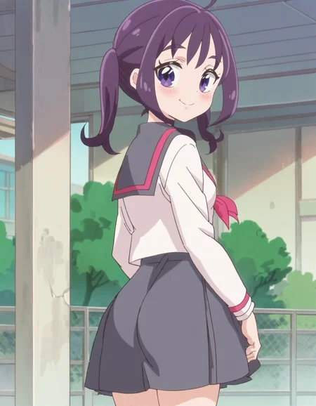 score_9, score_8_up, score_7_up, anime screencap, solo,1girl, school uniform, smile, skirt, serafuku, looking at viewer,cowboy shot, grey skirt,small breasts,blush,from behind,ass,<lora:shigurekokoro_pony:0.8>