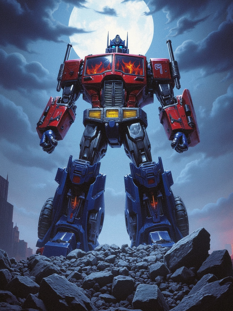 drkfnts style, optimus prime robot standing epically on pile of rocks, his body in advanced futuristic design have red and blue accents with flame print pattern, hands on hips, massive shoulders, wheels and other truck parts on body, night, moonlight,  dark fantasy, <lora:sxz-Dark-Fantasy-v2-Flux:1>
