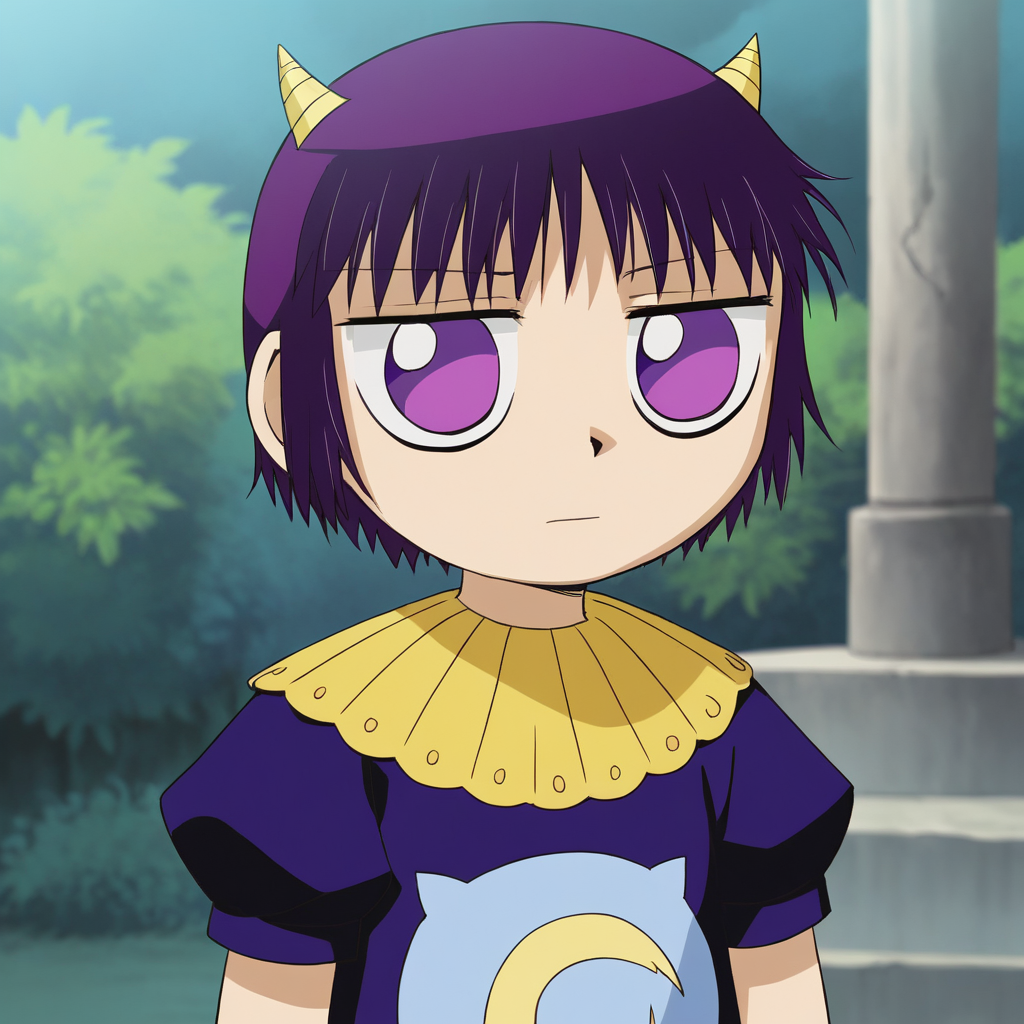 score_8_up, BREAK, laila, 1girl, solo, purple hair, short hair, purple eyes, horns , dress, upper body,   <lora:Laila_ZatchBell_PXL_Leaf1:1>, outdoors,