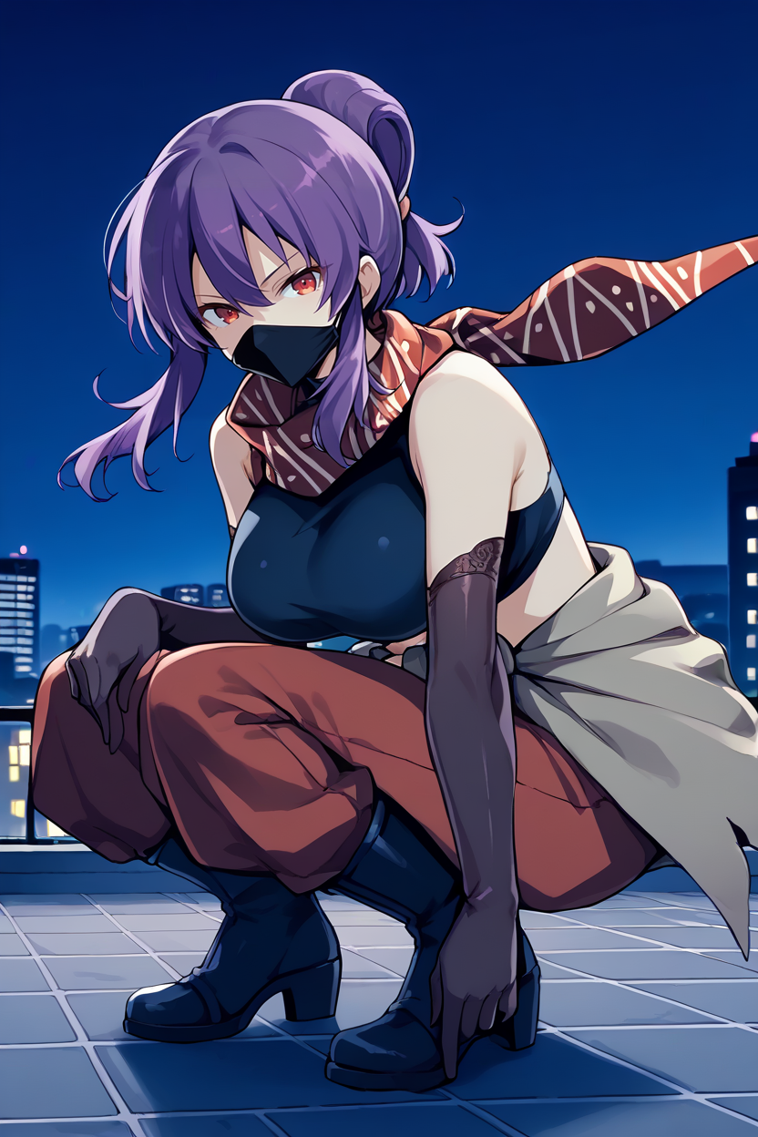 score_9, score_8_up, score_7_up, score_6_up, source_anime BREAK 1girl,  <lora:suzune-pdxl-nvwls-v1-000005:1> suzune, purple hair, folded ponytail, red scarf, mouth mask, black crop top, red pants, clothes around waist, elbow gloves, black boots, squatting, night, rooftop, city, looking at you, large breasts