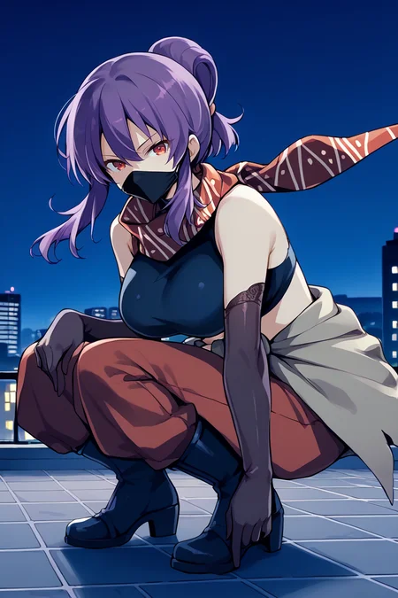 score_9, score_8_up, score_7_up, score_6_up, source_anime BREAK 1girl, <lora:suzune-pdxl-nvwls-v1-000005:1> suzune, purple hair, folded ponytail, red scarf, mouth mask, black crop top, red pants, clothes around waist, elbow gloves, black boots, squatting, night, rooftop, city, looking at you, large breasts