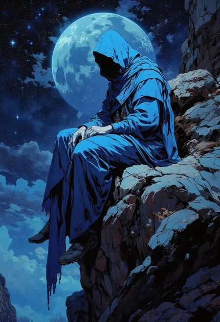 A mysterious, hooded figure draped in a long, flowing blue cloak sits solemnly on the edge of a rugged, rocky cliff. The figure’s face is hidden in deep shadow, adding an aura of enigma and solitude. The background features a vast, dark starry sky with countless shimmering stars, dominated by a large, glowing, bluish moon, casting a faint ethereal light. The rocky formations are detailed, textured, and rugged, creating a stark contrast with the smooth, almost liquid-like fabric of the cloak. The overall mood is surreal, melancholic, and otherworldly, with deep shadows and cool, muted color tones emphasizing mystery and cosmic loneliness